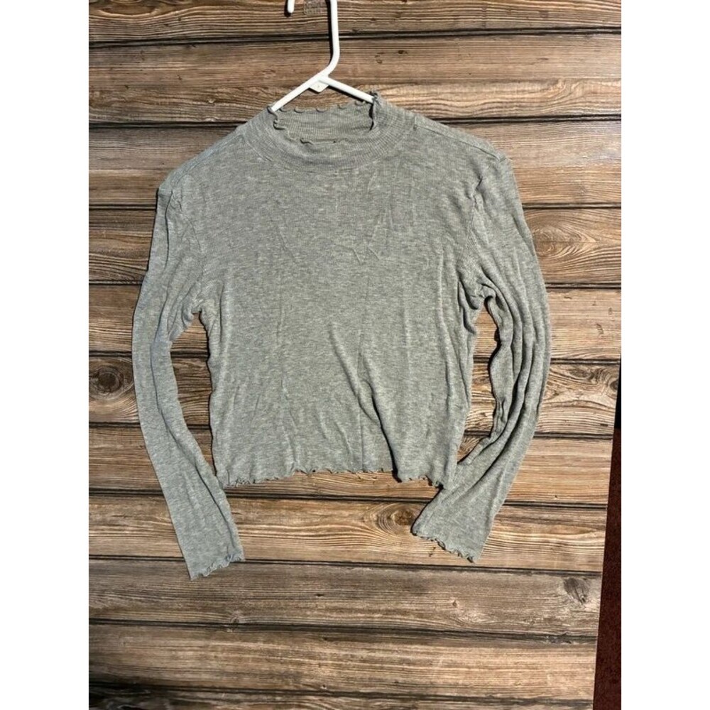 Abound Gray Ribbed Mock Neck Long Sleeve Lettuce Edge Crop Top - Size Large